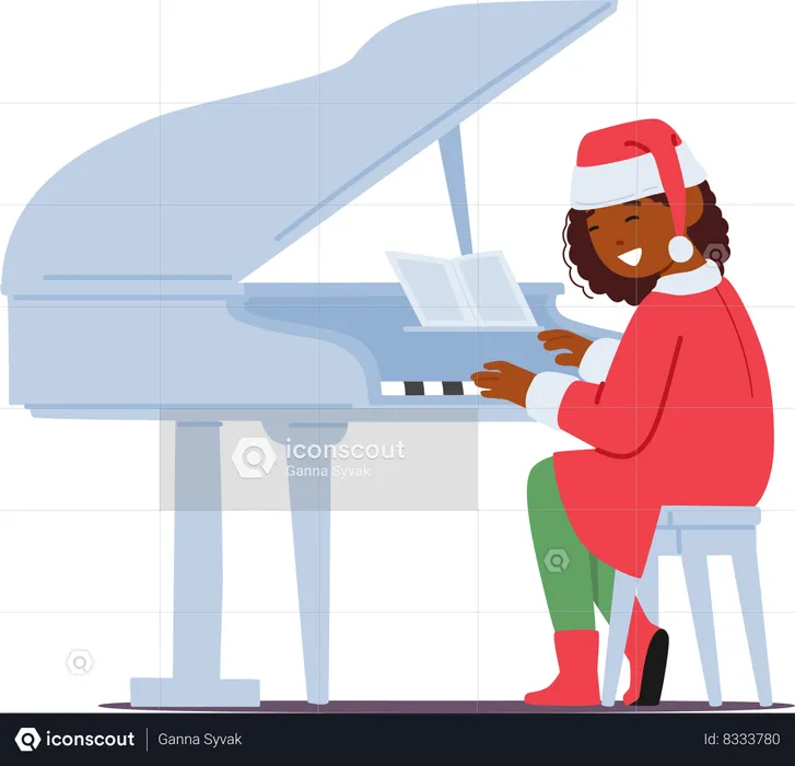 Child In Festive Christmas Costume Plays Grand Piano  Illustration