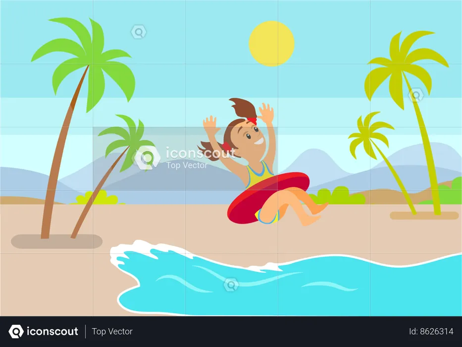 Child in inflatable circle jumping in sea  Illustration