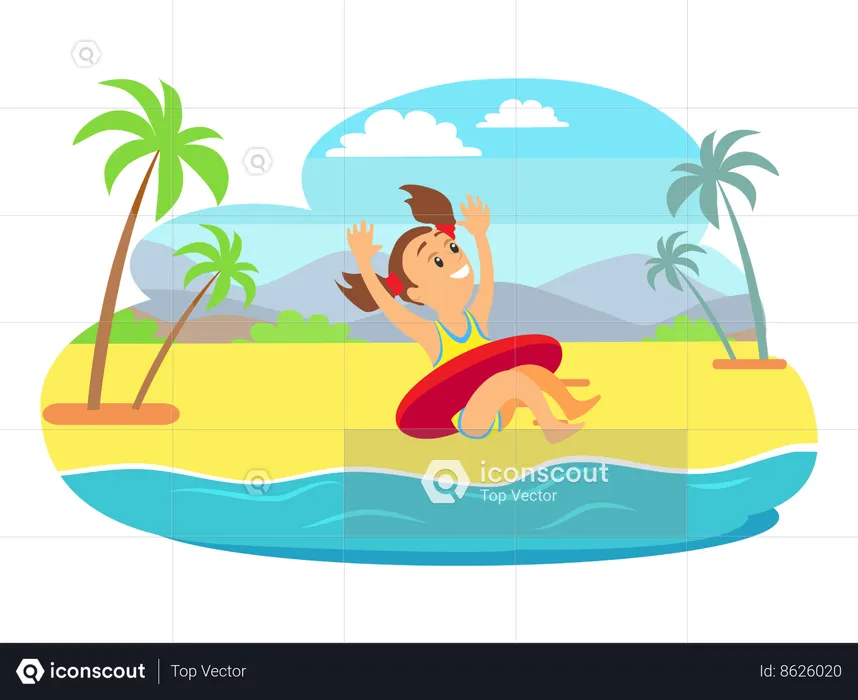 Child in inflatable tube jumping in sea  Illustration