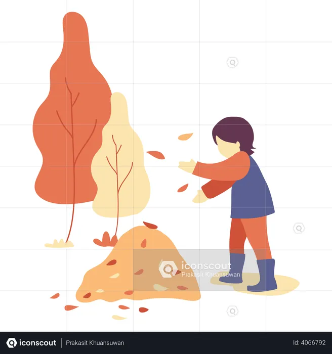 Child in park collecting tree leaves  Illustration