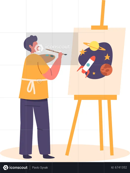 Child Painting Space And Rocket On Easel  Illustration