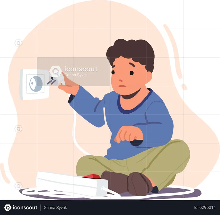 Child Play With Electricity Turn On Plug In Socket  Illustration