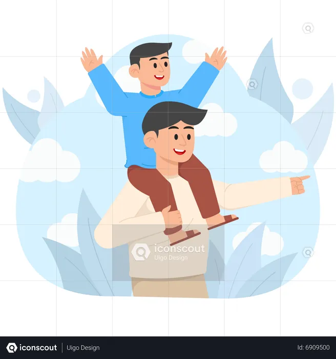 Child Rides Father's Shoulders  Illustration