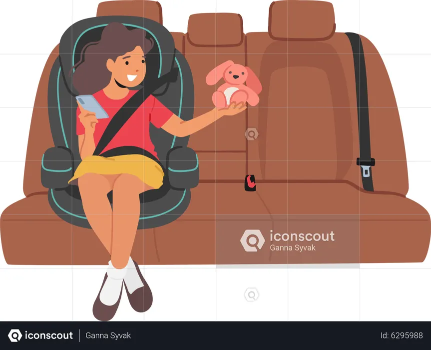 Child Safety And Comfortable Travel Concept. Kid Girl Character Sitting On Car Seat, Happy Kid In Comfortable Chair  Illustration