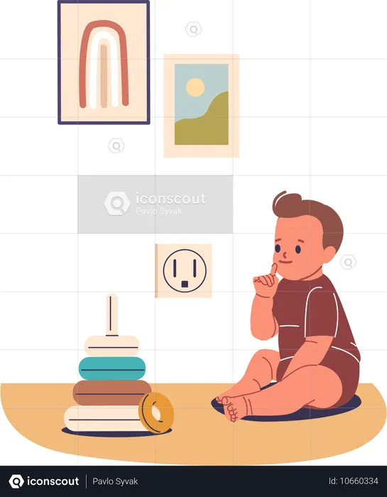 Child Sitting Near Electrical Outlet While Putting Fingers In Mouth  Illustration