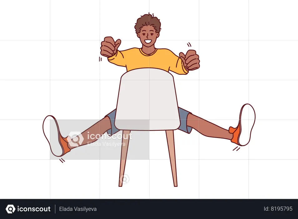 Child sitting on chair holds invisible car steering wheel and imagines that is driving on road  Illustration