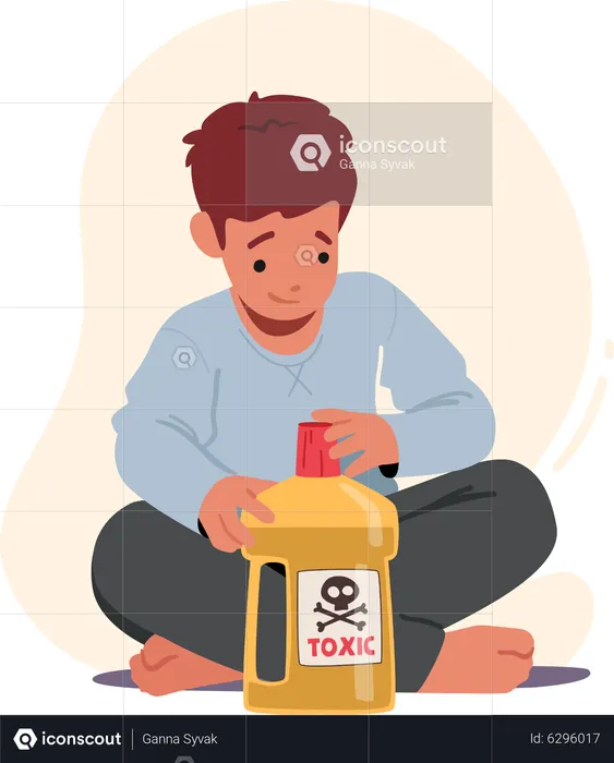 Child Sitting on Floor Play With Toxic Liquid Opening Bottle with Hazardous Poison  Illustration