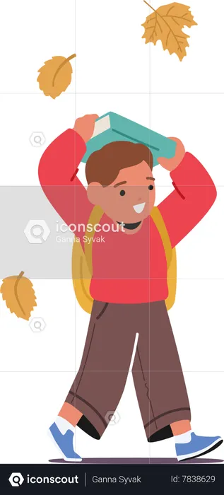 Child Walks With Book Over The Head  Illustration