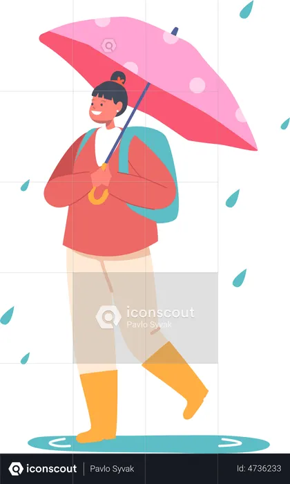 Child with Umbrella in Rainy Weather  Illustration