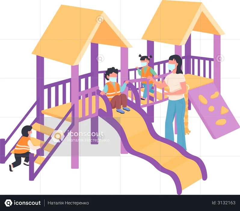 Children and babysitter in medical mask on playground  Illustration