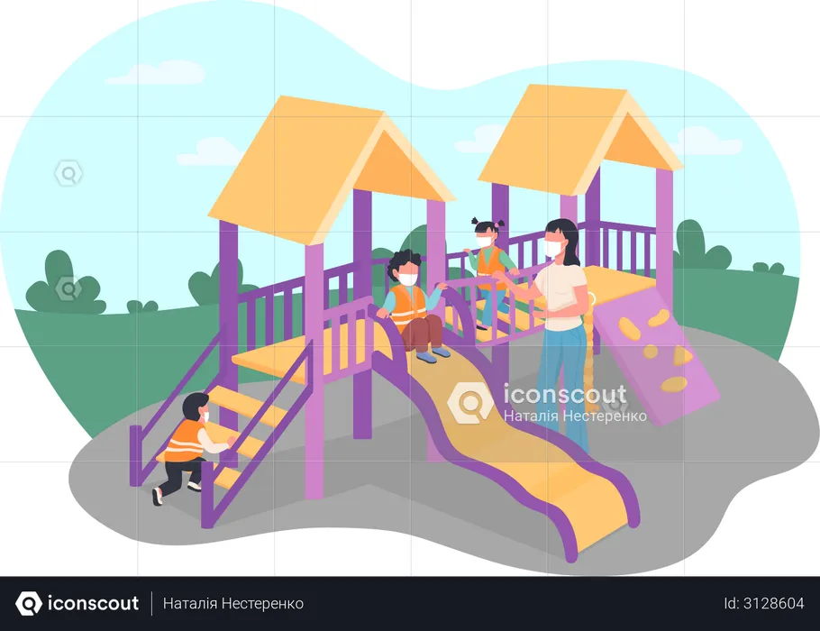 Children and teacher in medical masks on playground  Illustration