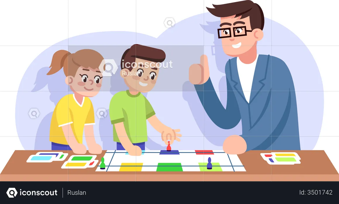 Children and teacher play educational board game  Illustration