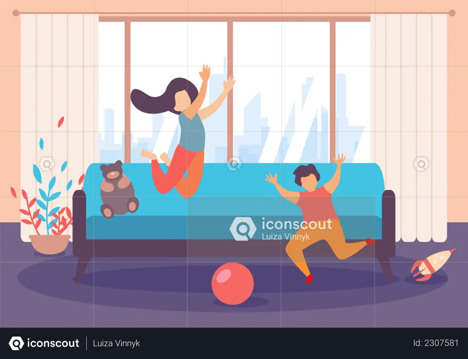 Children Boy and Girl Jumping and Play Inside Living Room  Illustration