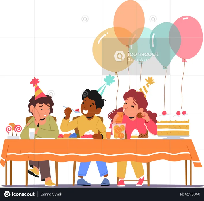 Children Celebrate Birthday with Cake and Balloons  Illustration