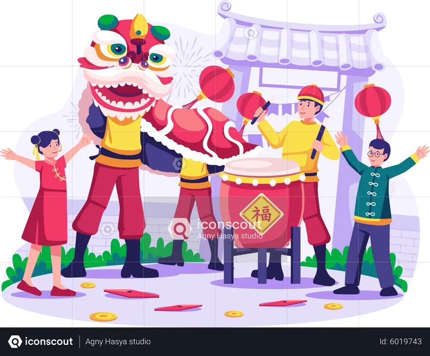 Children celebrate the Chinese Lunar new year with Lion dance  Illustration