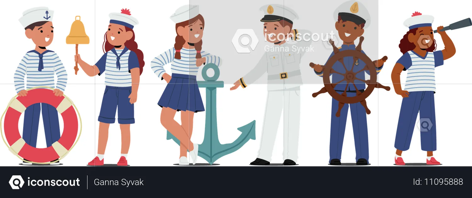 Children Characters In Sailor Costumes Adorned With Striped Shirts  Illustration