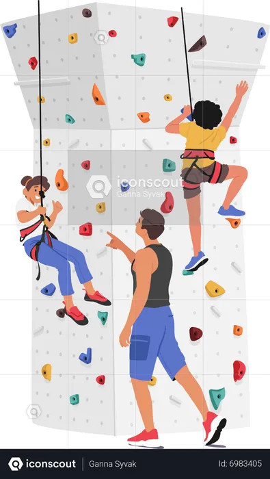 Children climbing wall with guidance of trainer  Illustration
