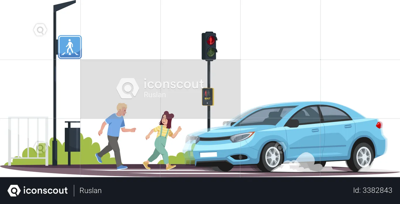 Children crossing at red light  Illustration