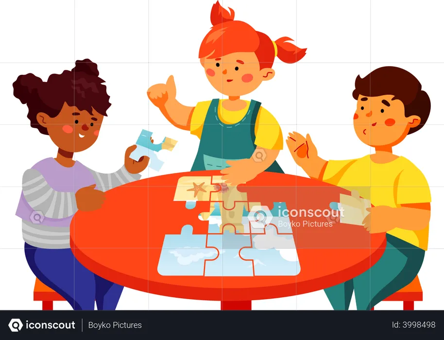 Children doing a puzzle  Illustration