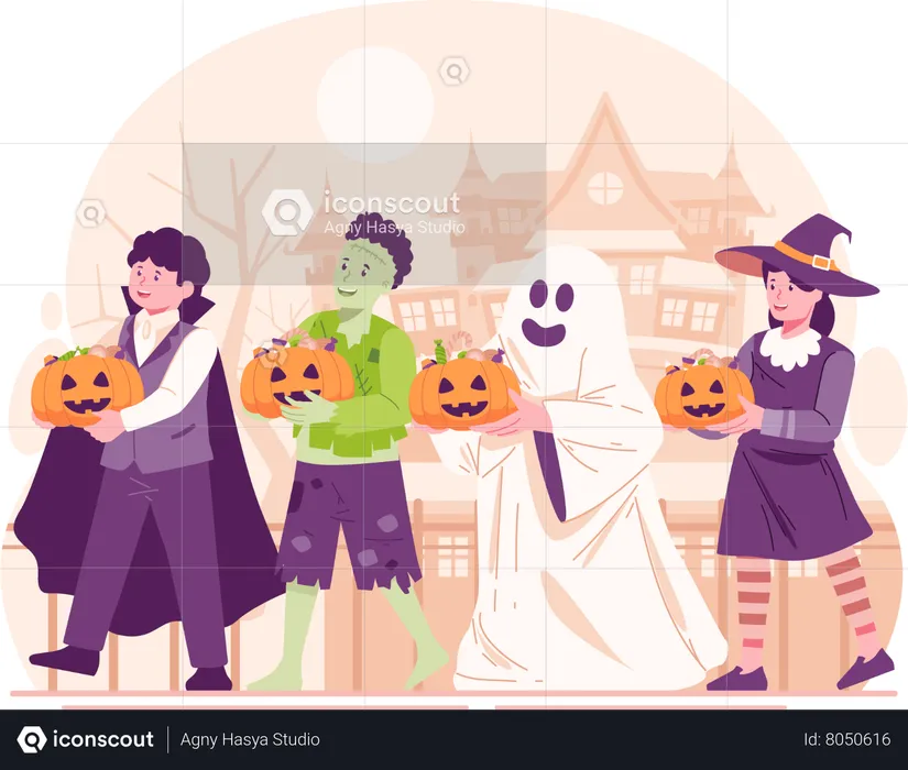 Children Dressed in Halloween Costumes Walking Around at Night to Get Some Candy Through Trick or Treating  Illustration