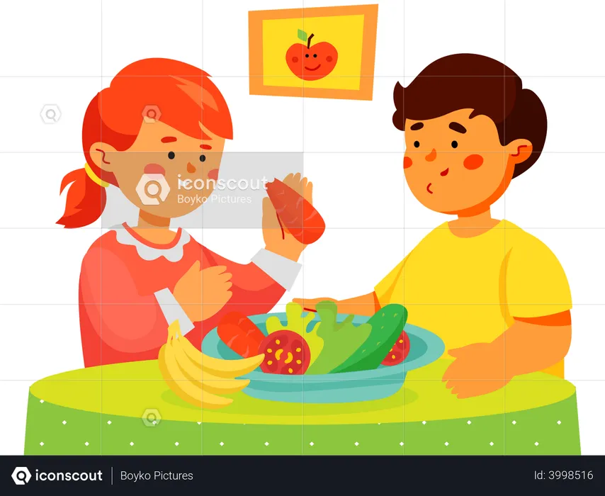 Children eating fruit and vegetables  Illustration
