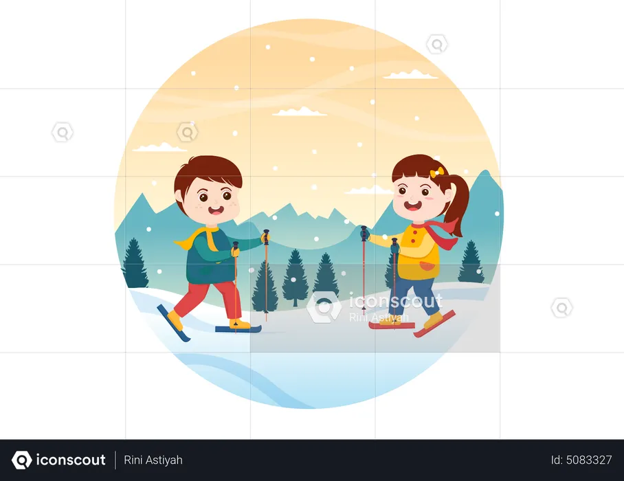 Children enjoy winter ice skating  Illustration
