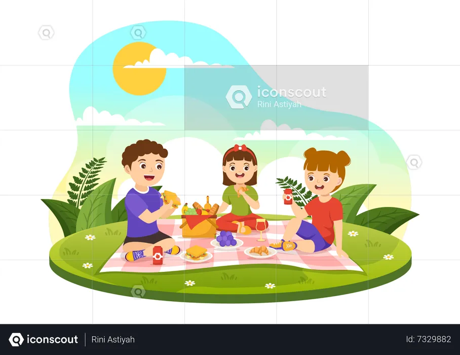 Children enjoying food outdoor  Illustration
