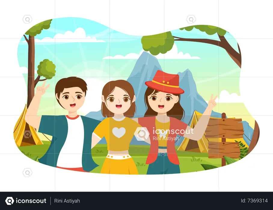 Children enjoying summer camping  Illustration