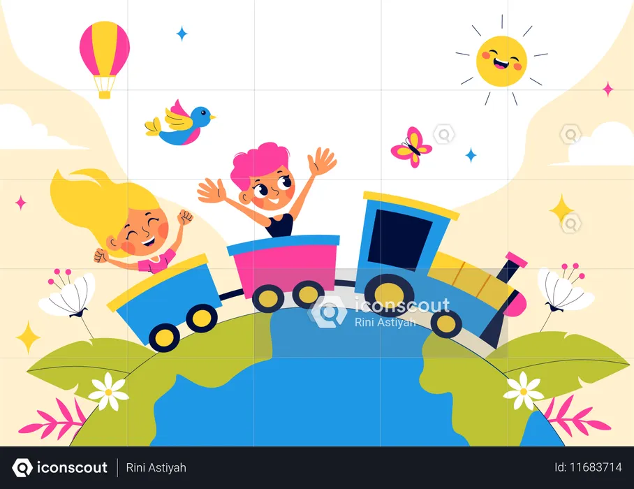 Children enjoying train ride  Illustration