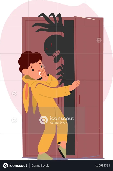 Children fear of monster hiding in closet  Illustration