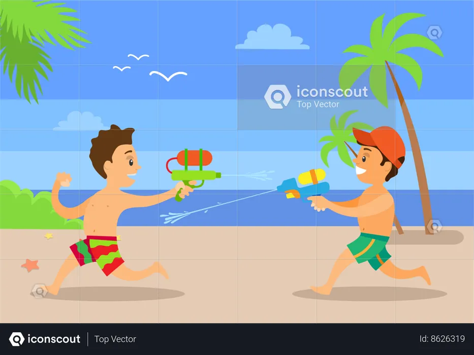 Children fighting by water boys at coastline  Illustration