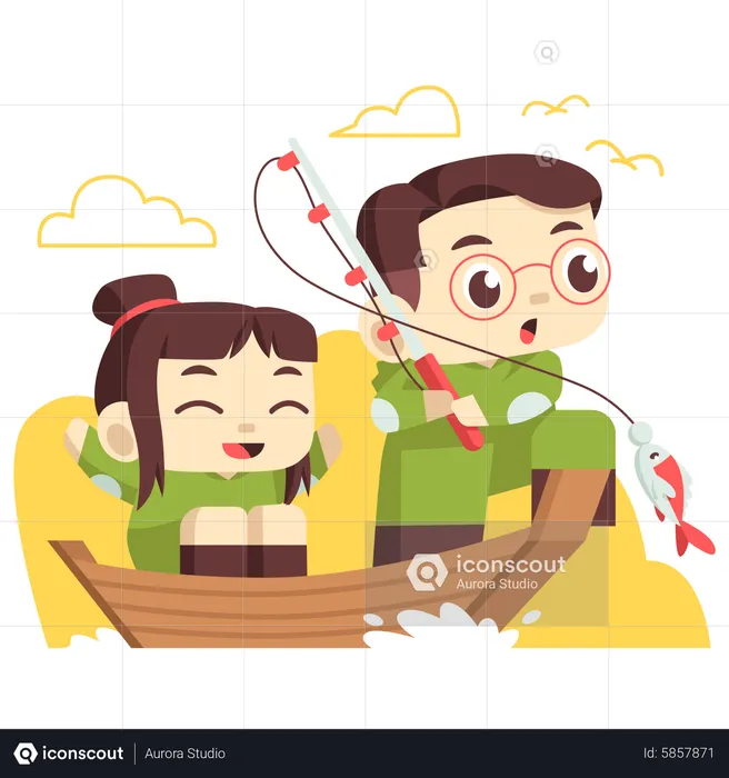 Children fishing together  Illustration
