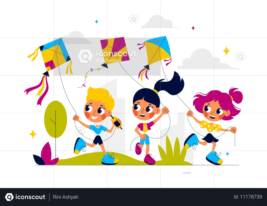 Children flying kites in park  Illustration