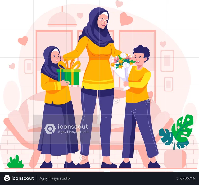 Children give gifts and flowers to mother on Mother's Day  Illustration