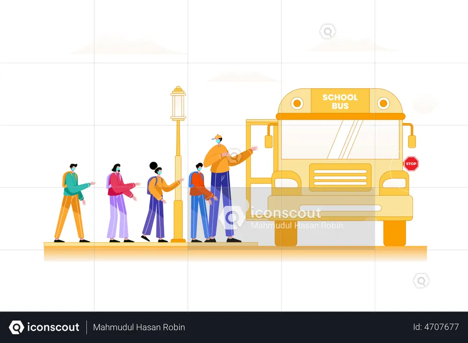 Children going In School Bus  Illustration