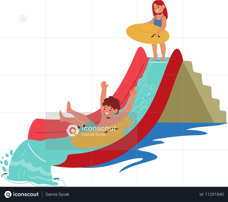 Children Having Fun On Water Slide In Water Park  Illustration