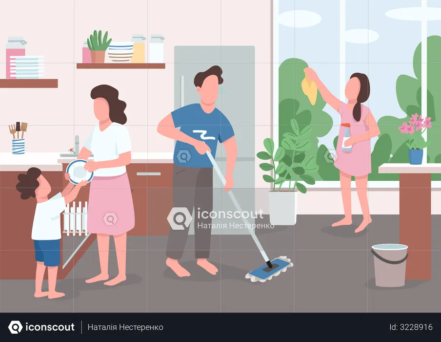 Children help parents with home chores  Illustration