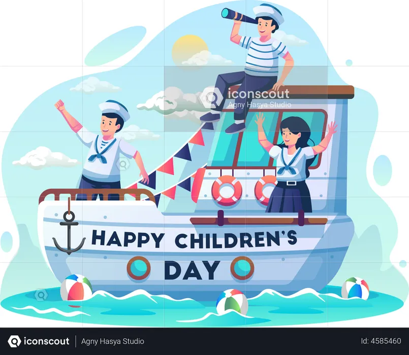 Children in sailors costumes sailing the sea using a sailboat  Illustration