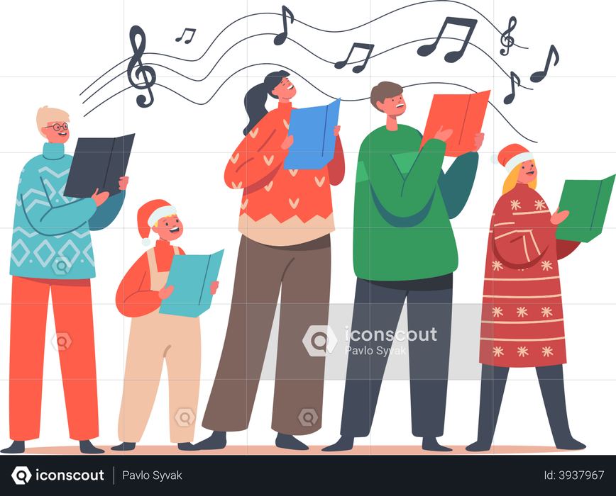 Children in Santa Claus Hats and Knit Sweaters Singing Xmas Carols Holding Song Books Illustration