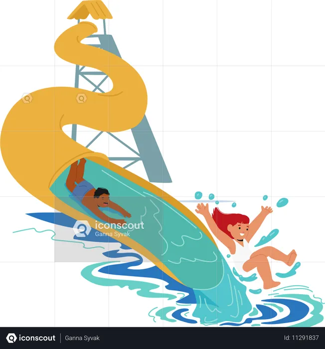 Children Joyously Slide Down Large Water Slide At Water Park  Illustration