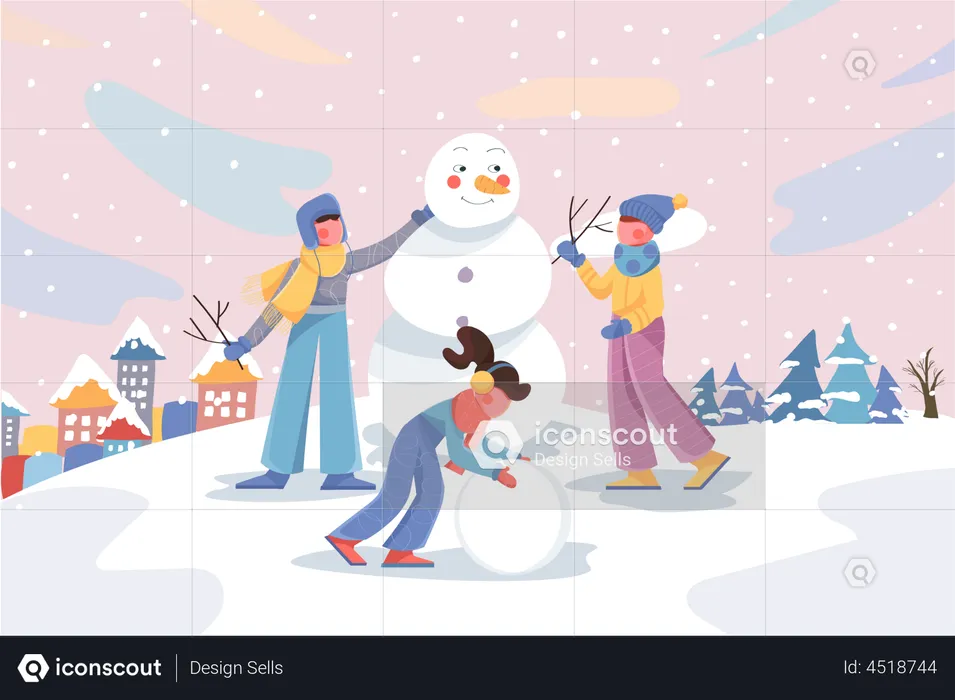 Children make snowman  Illustration