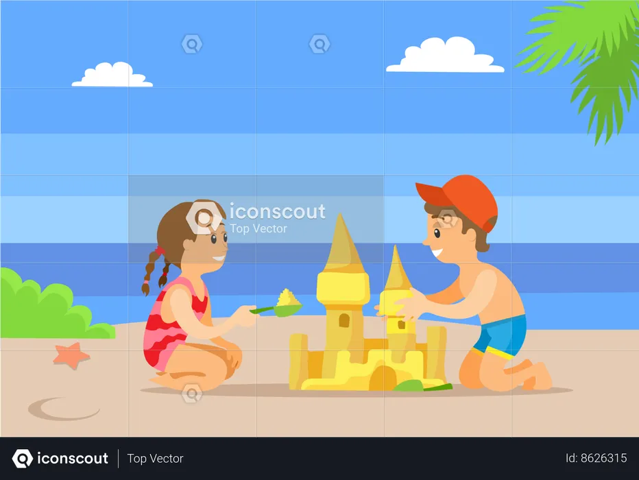 Children making castle on beach  Illustration