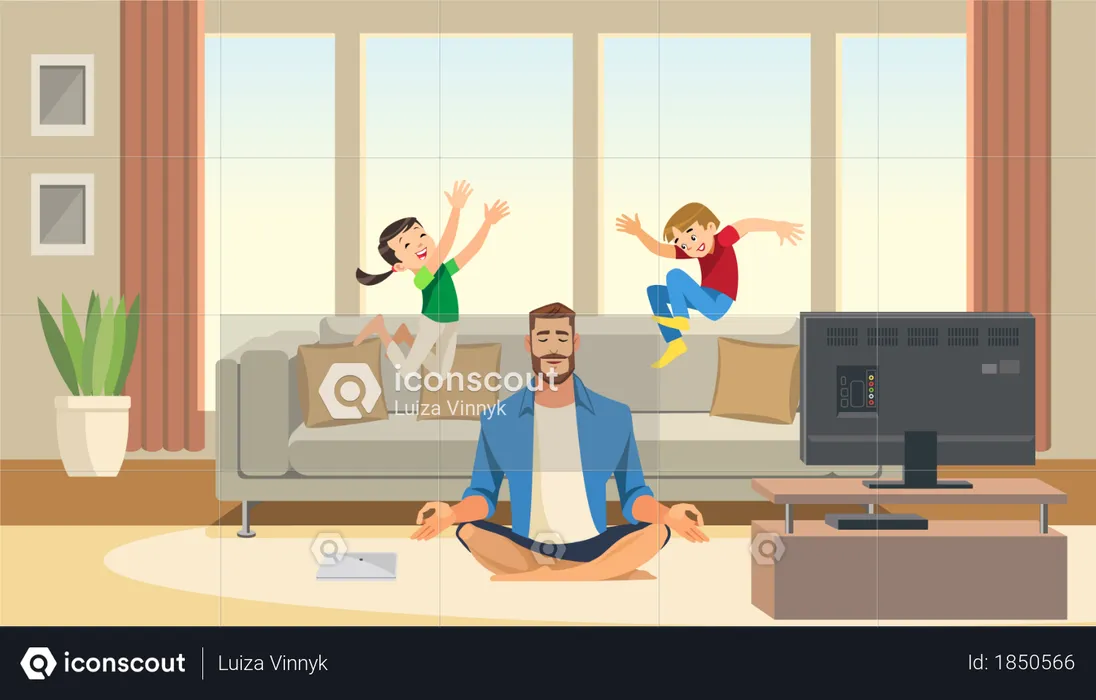 Children play and jump on sofa behind working business father  Illustration