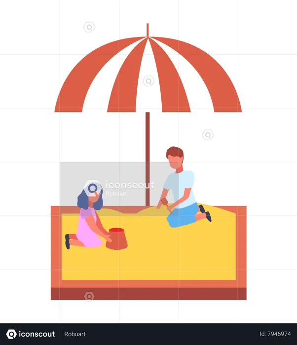 Children play in the sandbox with canopy in the playground  Illustration