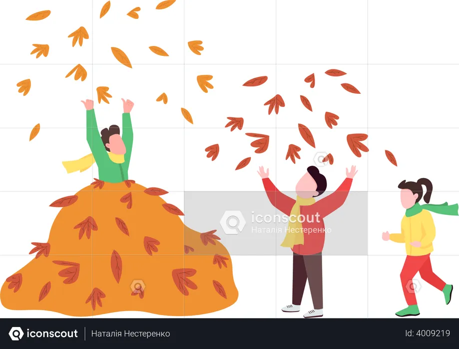 Children play with autumn leaves  Illustration
