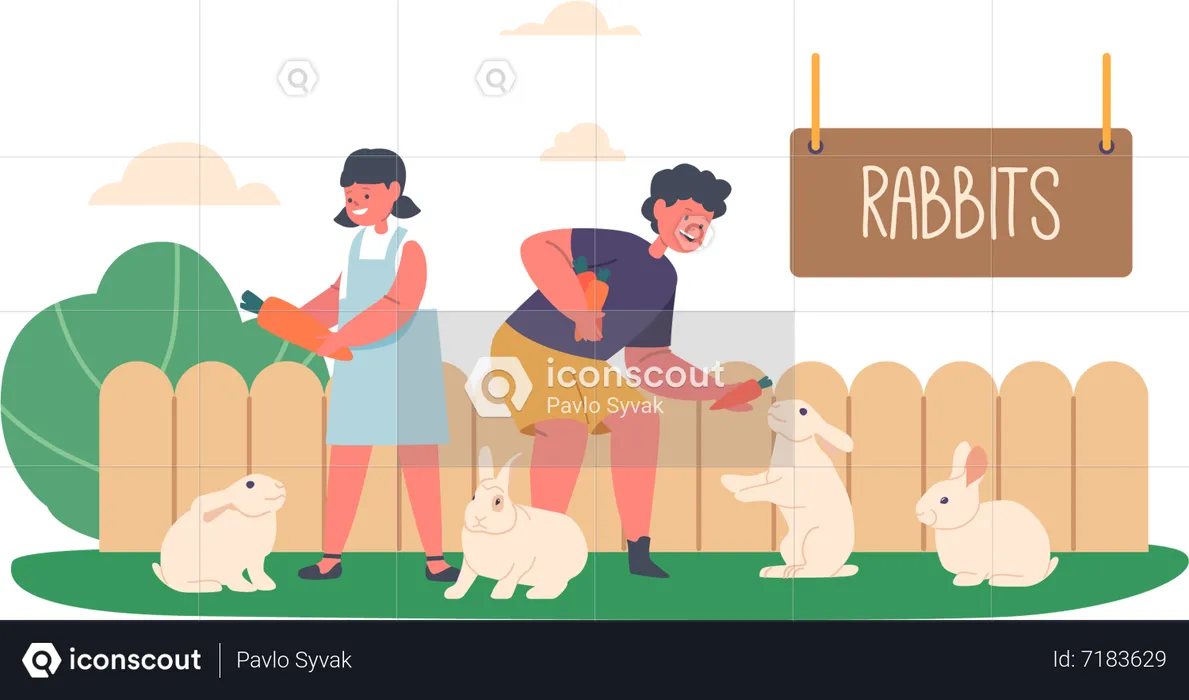 Children Play With Rabbits On Livestock Farm  Illustration