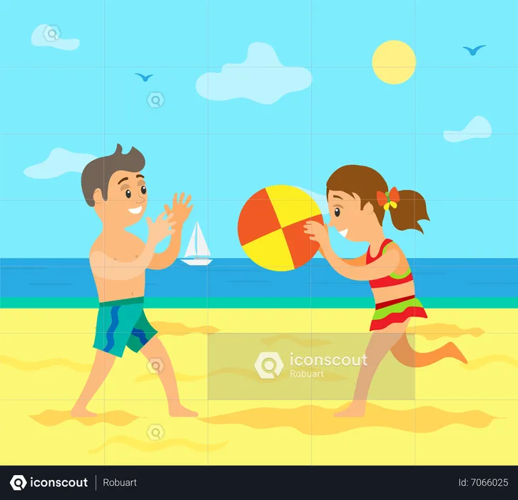 Children playing ball at beach  Illustration