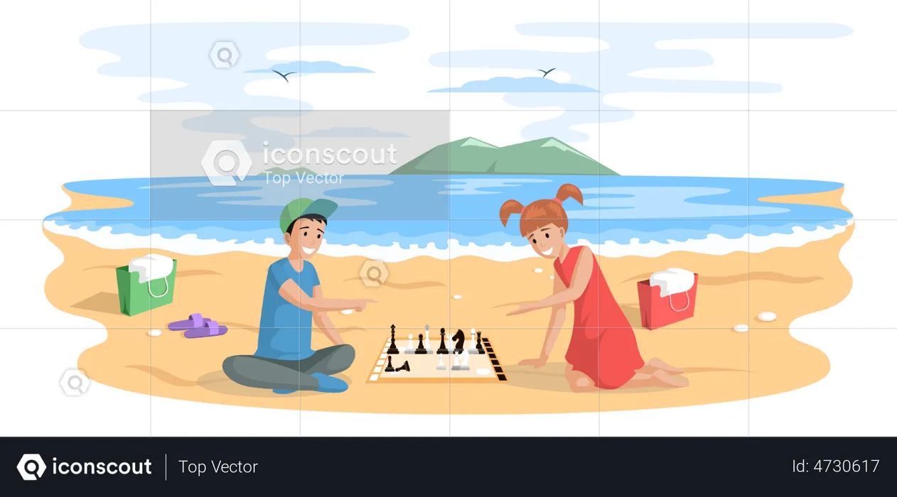 Children playing board game while sitting at beach  Illustration