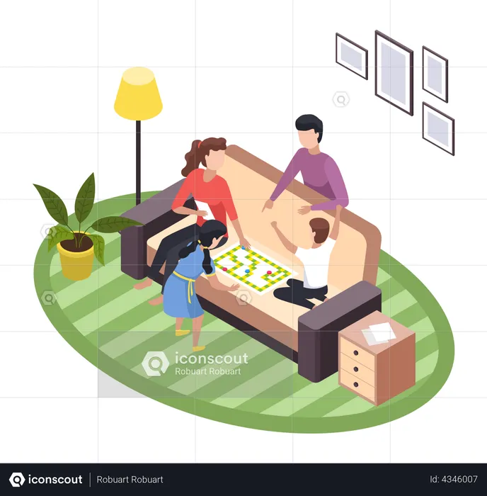 Children playing boardgame while sitting with parents  Illustration