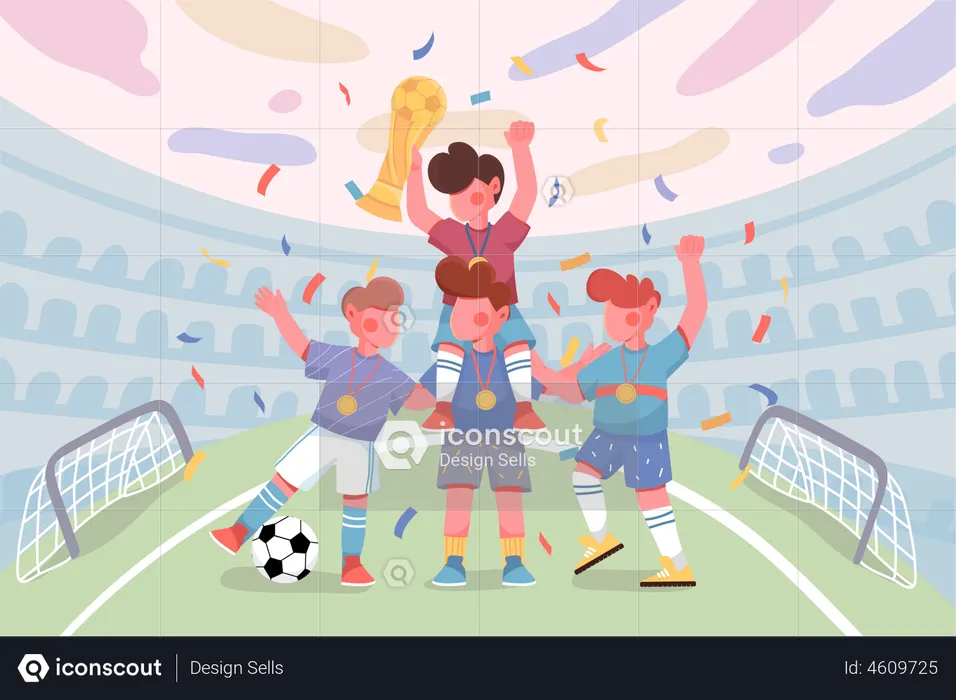 Children playing football in stadium  Illustration